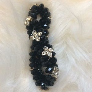 Black Beaded Stretch Bracelet Rhinestone Accents
